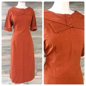 Bettie Page rust burnt orange 50’s style wiggle dress